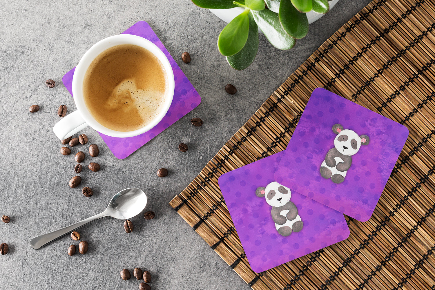 Polkadot Panda Bear Watercolor Foam Coasters Set of 4 Cup Coasters for Indoor Outdoor, Tabletop Protection, Anti Slip, Mouse pad Material