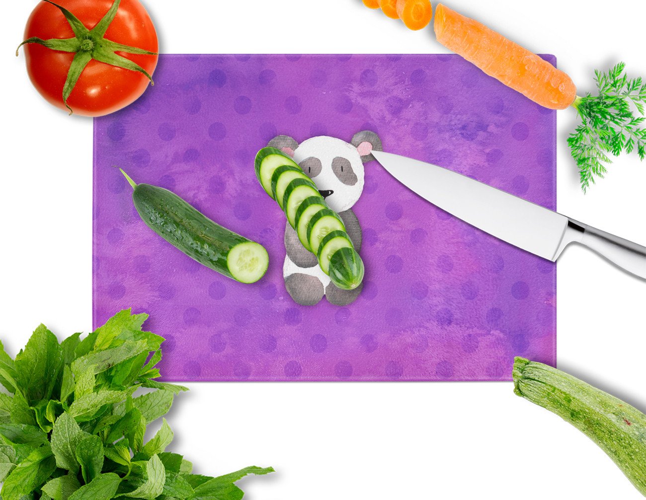 Polkadot Panda Bear Watercolor Cutting Board Tempered Glass Kitchen Cutting Surface, Heat Resistant Chopping, Non-Slip Feet, Food Prep & Serving