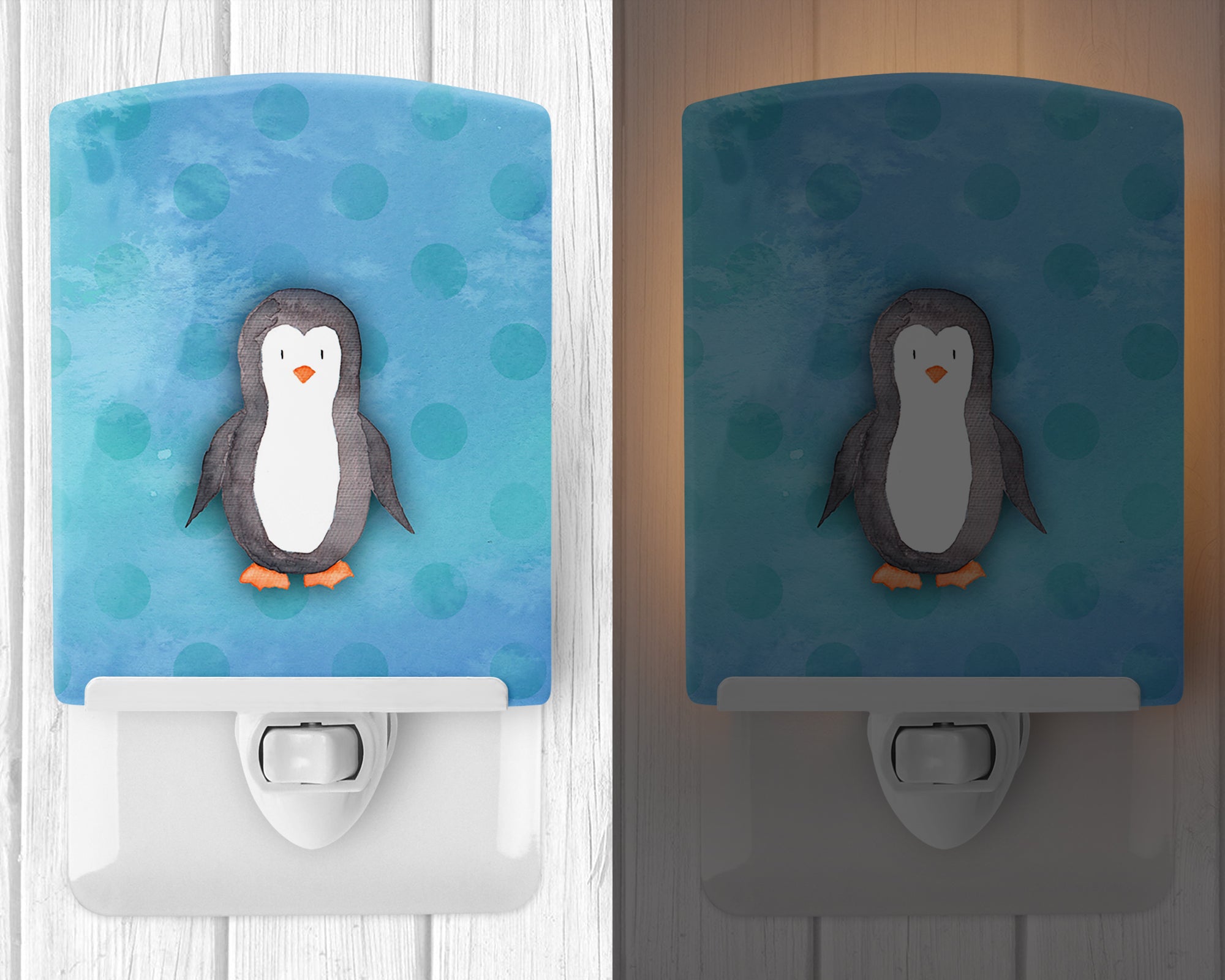 Polkadot Penguin Watercolor Ceramic Night Light Compact, UL-Certified, Ideal for Bedroom, Bathroom, Nursery, Hallway, Kitchen, 6x4x3, Multicolor