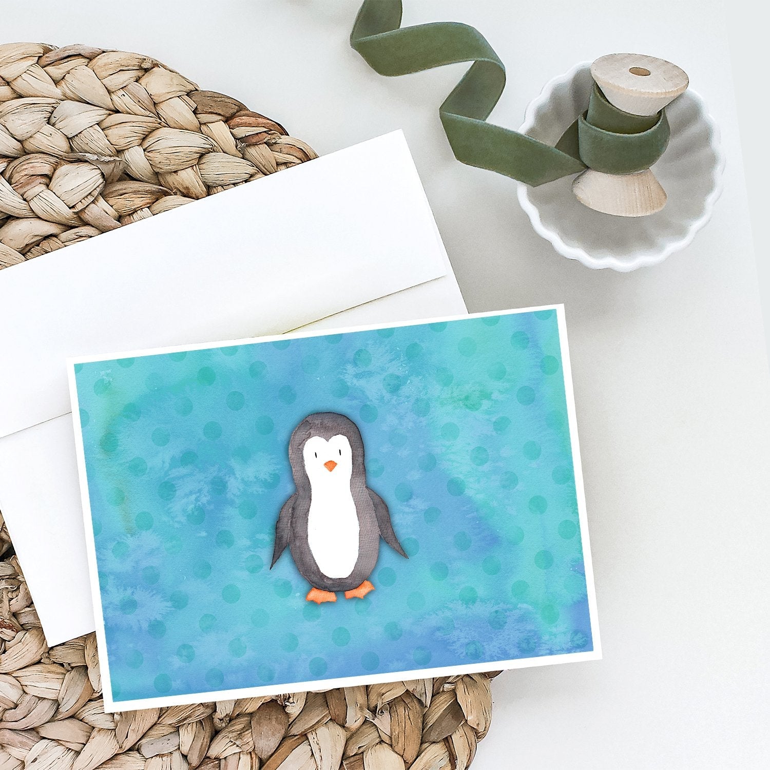 Polkadot Penguin Watercolor Greeting Cards Pack of 8 Blank Cards with Envelopes Whimsical A7 Size 5x7
