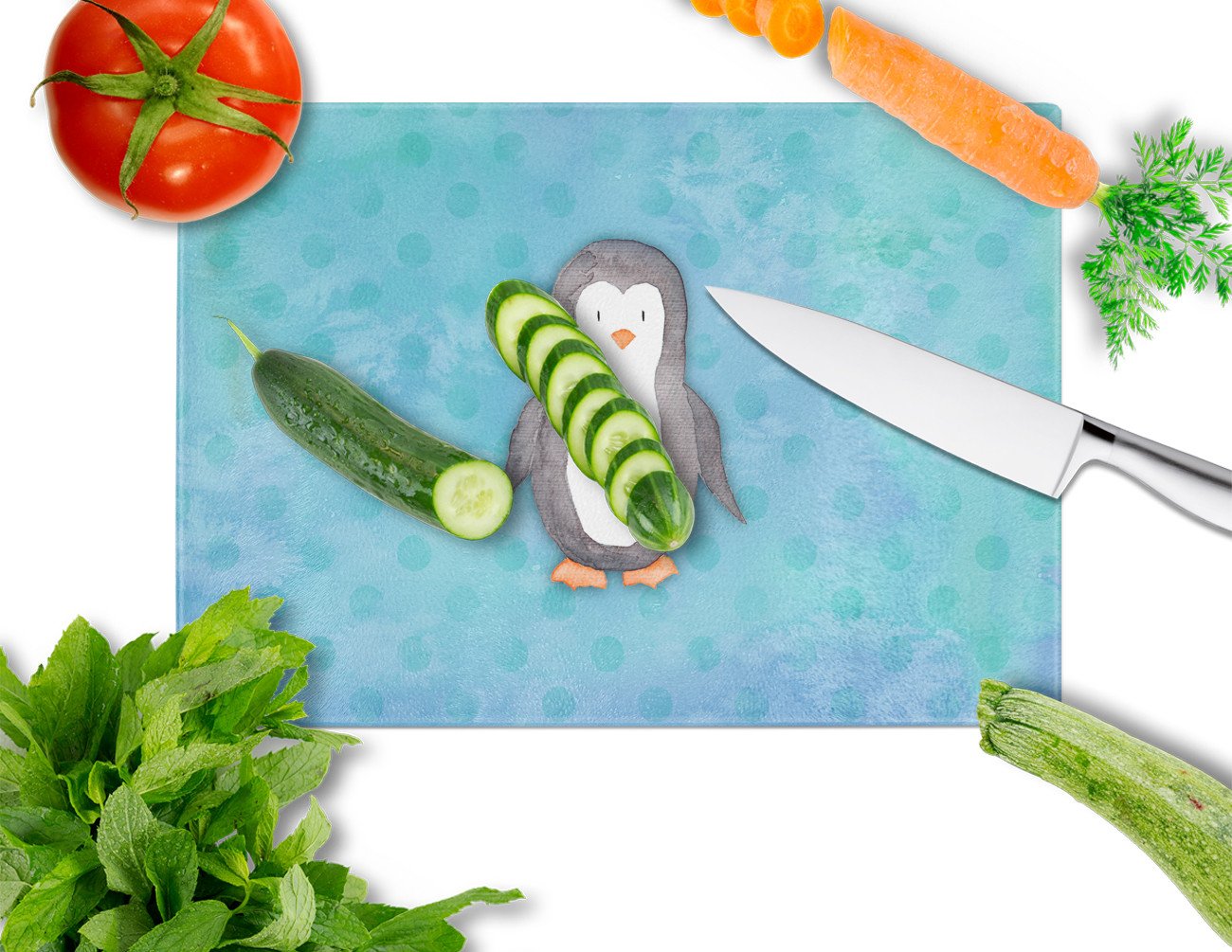 Polkadot Penguin Watercolor Cutting Board Tempered Glass Kitchen Cutting Surface, Heat Resistant Chopping, Non-Slip Feet, Food Prep & Serving
