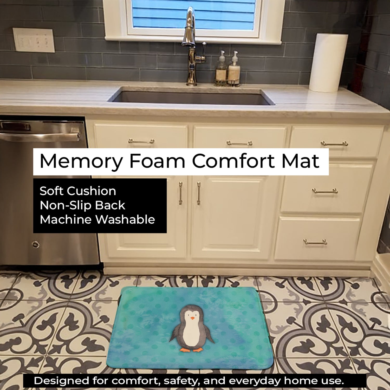 Polkadot Penguin Watercolor Memory Foam Kitchen Mat Machine Washable Anti-Fatigue Cushion Comfort Bath or Kitchen Rug