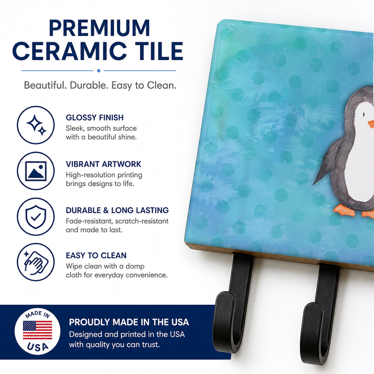 Polkadot Penguin Watercolor Leash or Key Holder Wall Hooks, Coat Rack Wall Mount, for Hanging Keys, Towels, Aprons, Leashes