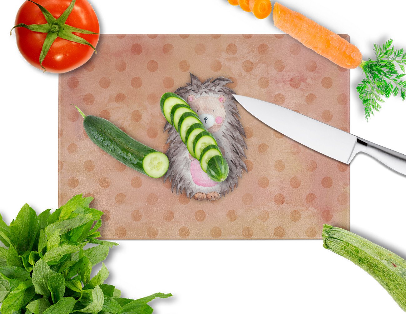 Polkadot Hedgehog Watercolor Cutting Board Tempered Glass Kitchen Cutting Surface, Heat Resistant Chopping, Non-Slip Feet, Food Prep & Serving