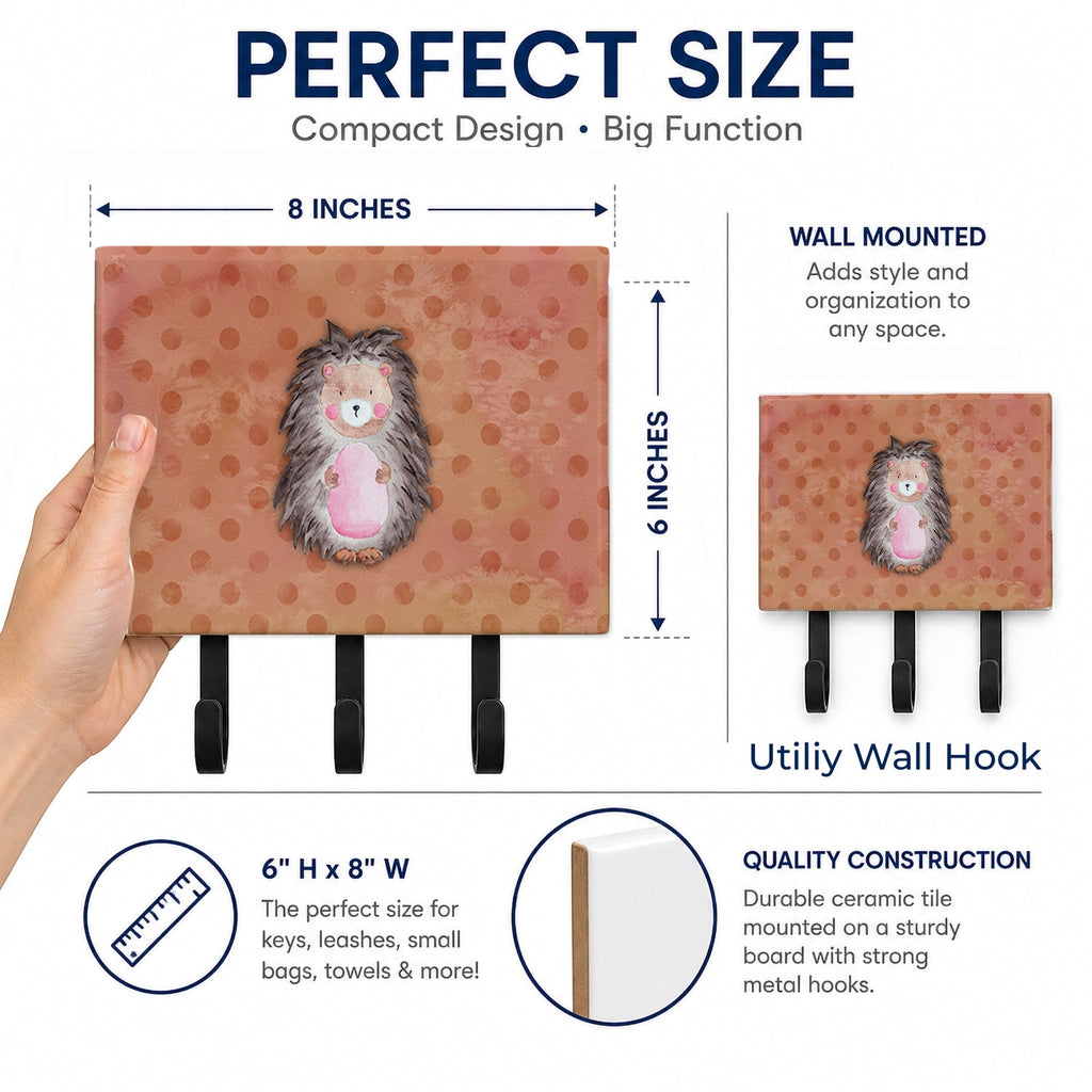 Polkadot Hedgehog Watercolor Leash or Key Holder Wall Hooks, Coat Rack Wall Mount, for Hanging Keys, Towels, Aprons, Leashes