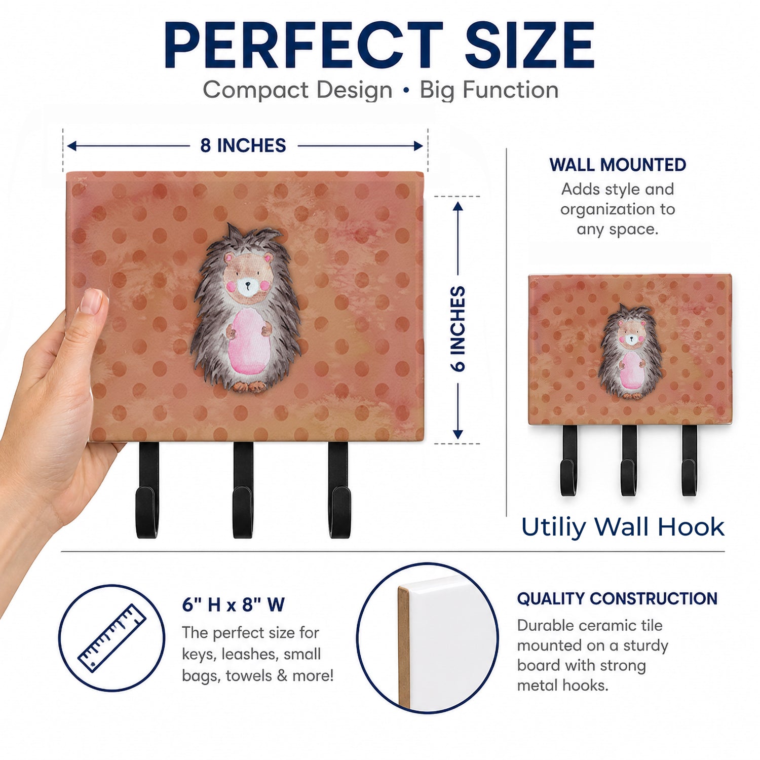Polkadot Hedgehog Watercolor Leash or Key Holder Wall Hooks, Coat Rack Wall Mount, for Hanging Keys, Towels, Aprons, Leashes