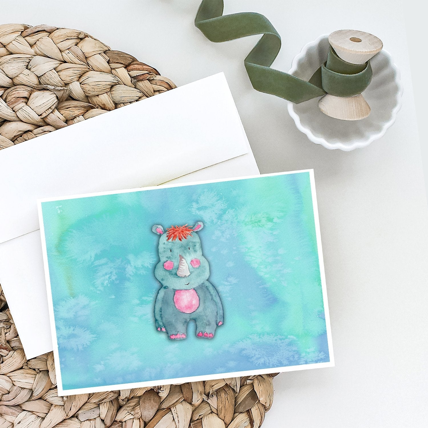 Rhinoceros Watercolor Greeting Cards Pack of 8 Blank Cards with Envelopes Whimsical A7 Size 5x7