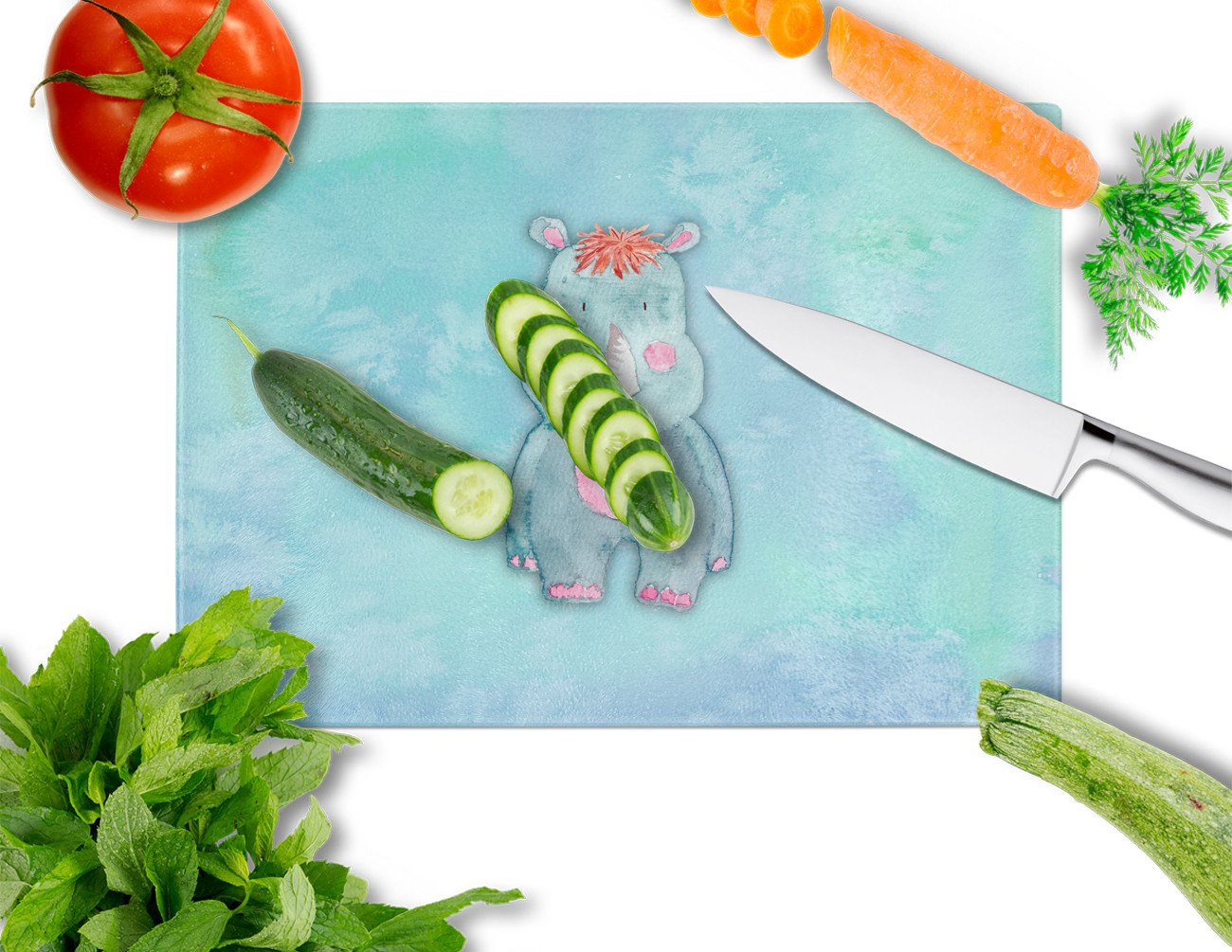 Rhinoceros Watercolor Cutting Board Tempered Glass Kitchen Cutting Surface, Heat Resistant Chopping, Non-Slip Feet, Food Prep & Serving