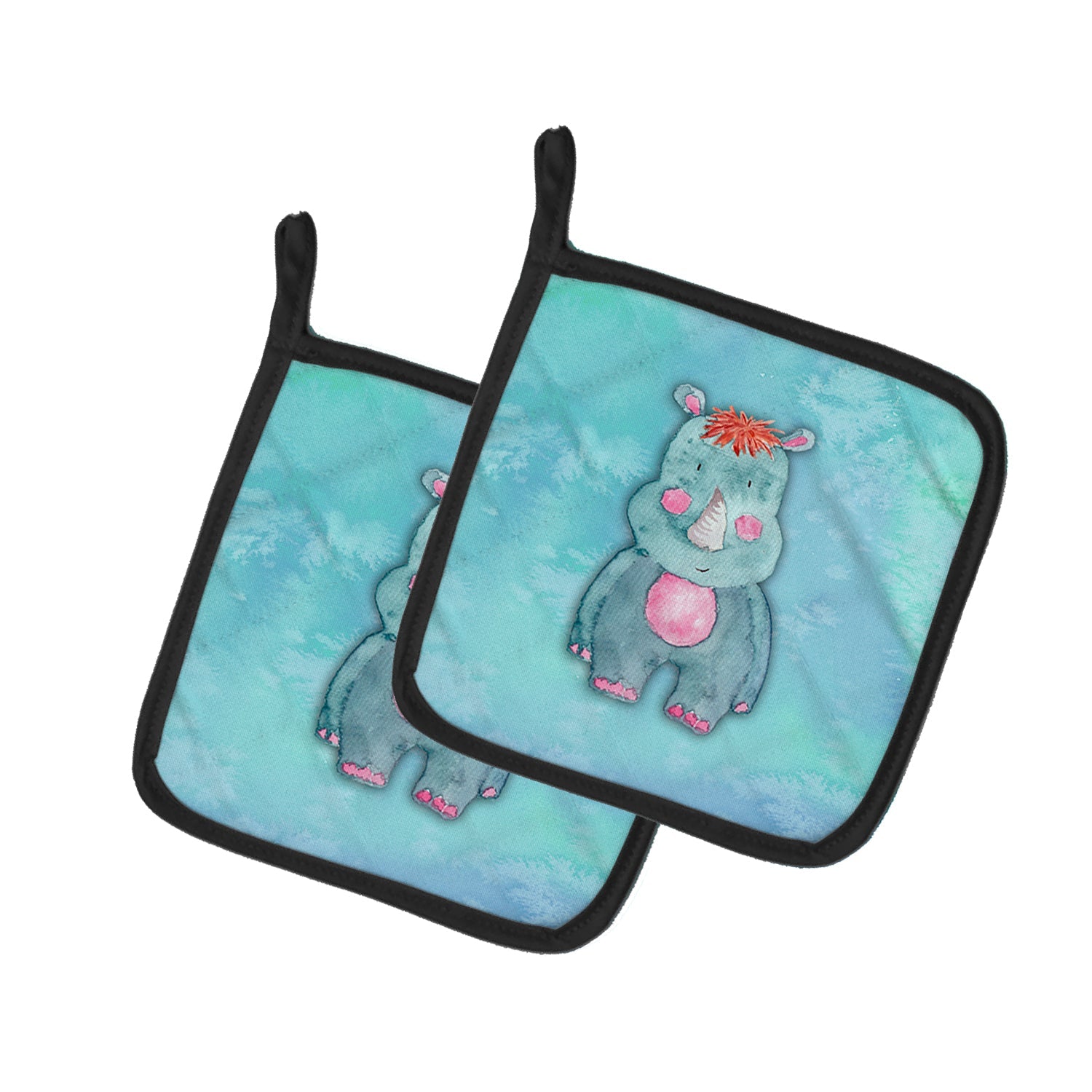 Rhinoceros Watercolor Pot Holder Set of 2 Heat Resistant Quilted Hot Pads 7.5 x 7.5 Inch, Insulated Kitchen Trivets for Cooking & Baking