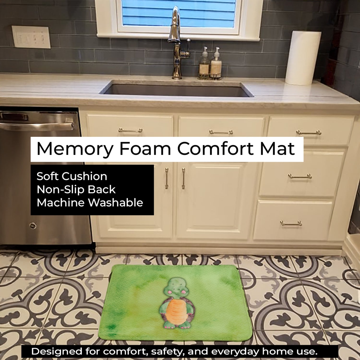 Turtle Watercolor Memory Foam Kitchen Mat Machine Washable Anti-Fatigue Cushion Comfort Bath or Kitchen Rug