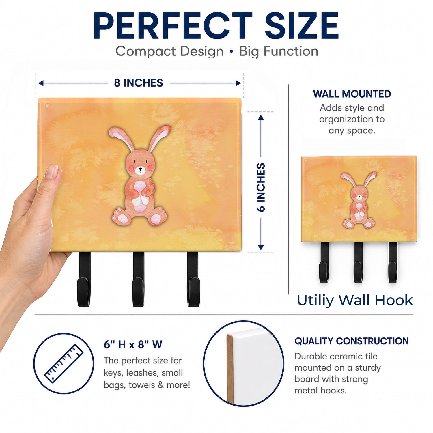 Rabbit Watercolor Leash or Key Holder Wall Hooks, Coat Rack Wall Mount, for Hanging Keys, Towels, Aprons, Leashes