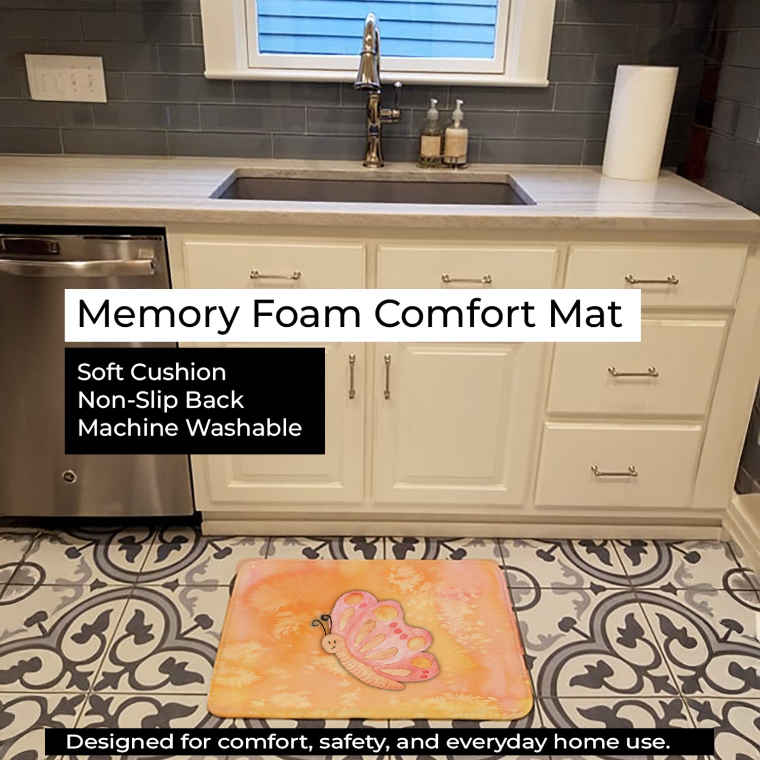 Butterfly Watercolor Memory Foam Kitchen Mat Machine Washable Anti-Fatigue Cushion Comfort Bath or Kitchen Rug