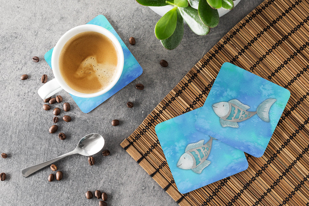 Blue Fish Watercolor Foam Coasters Set of 4 Cup Coasters for Indoor Outdoor, Tabletop Protection, Anti Slip, Mouse pad Material