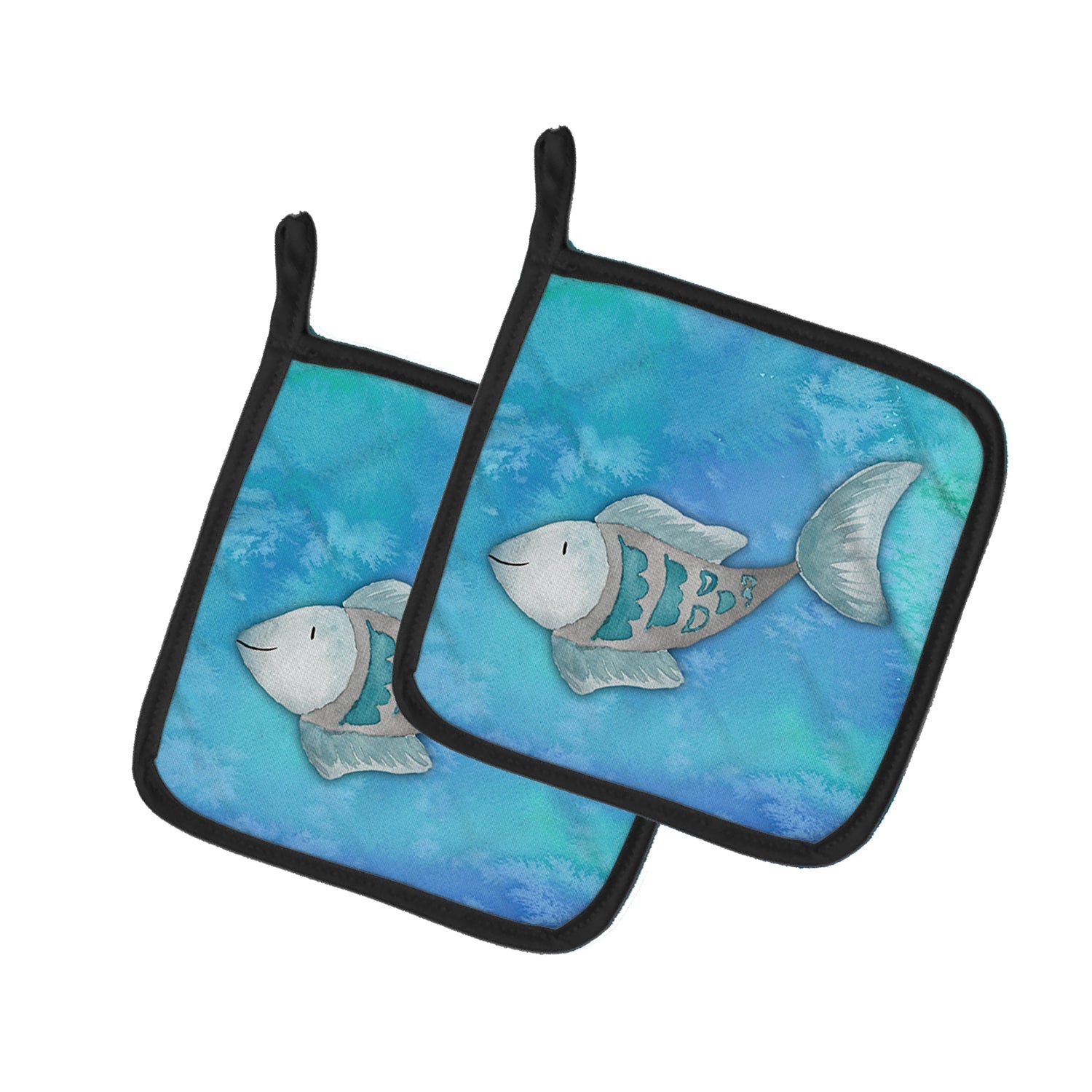 Blue Fish Watercolor Pot Holder Set of 2 Heat Resistant Quilted Hot Pads 7.5 x 7.5 Inch, Insulated Kitchen Trivets for Cooking & Baking