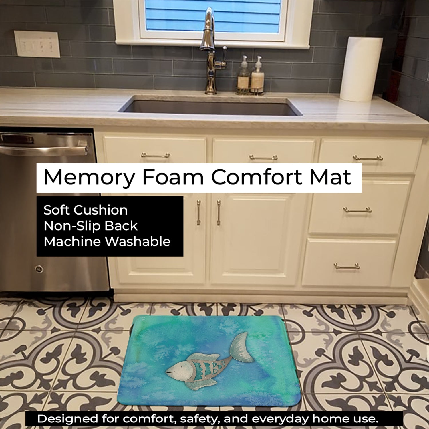 Blue Fish Watercolor Memory Foam Kitchen Mat Machine Washable Anti-Fatigue Cushion Comfort Bath or Kitchen Rug