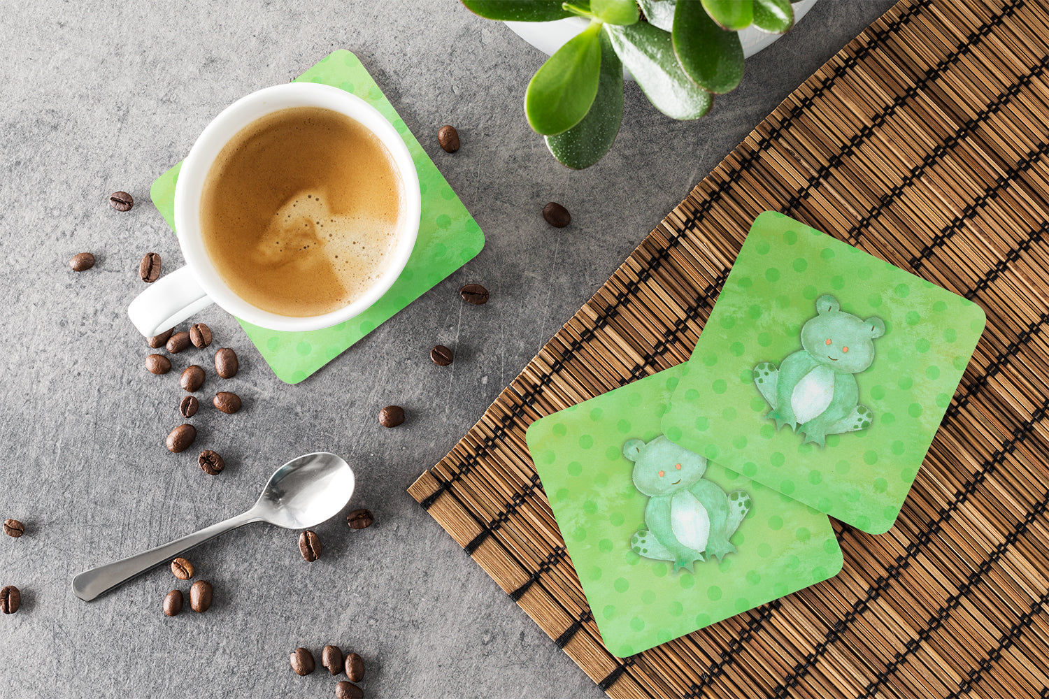 Polkadot Frog Watercolor Foam Coasters Set of 4 Cup Coasters for Indoor Outdoor, Tabletop Protection, Anti Slip, Mouse pad Material