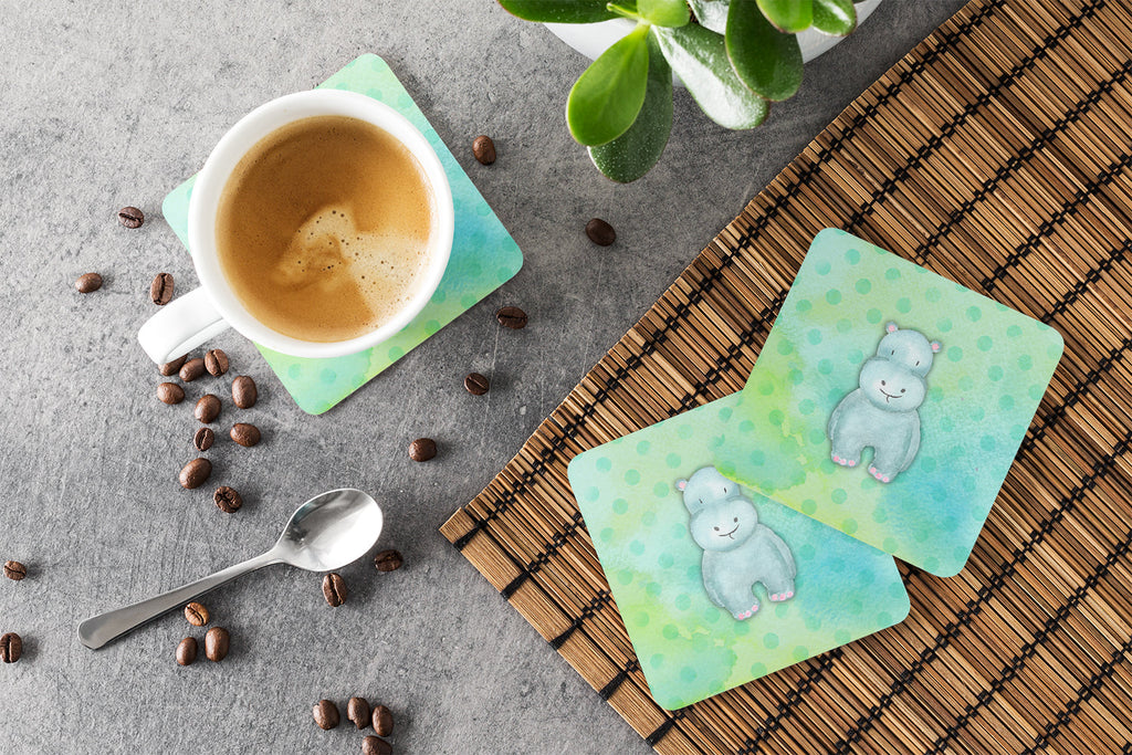 Polkadot Hippopotamus Watercolor Foam Coasters Set of 4 Cup Coasters for Indoor Outdoor, Tabletop Protection, Anti Slip, Mouse pad Material