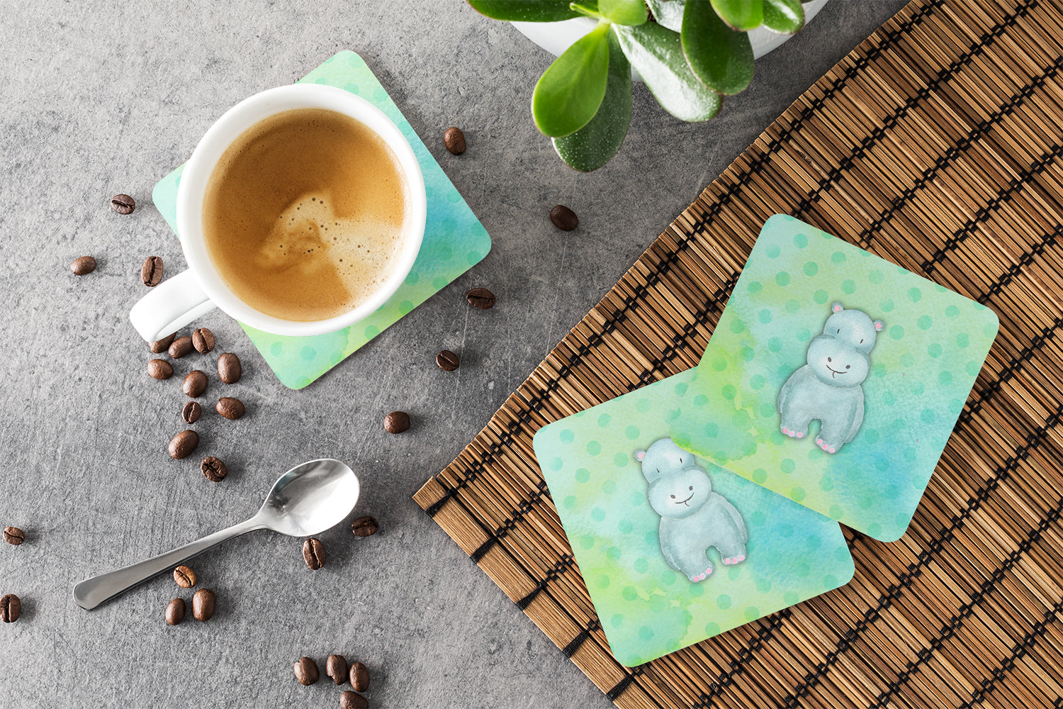 Polkadot Hippopotamus Watercolor Foam Coasters Set of 4 Cup Coasters for Indoor Outdoor, Tabletop Protection, Anti Slip, Mouse pad Material