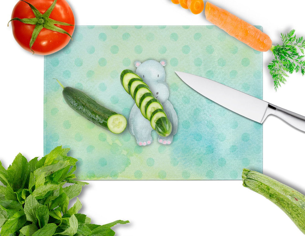 Polkadot Hippopotamus Watercolor Cutting Board Tempered Glass Kitchen Cutting Surface, Heat Resistant Chopping, Non-Slip Feet, Food Prep & Serving