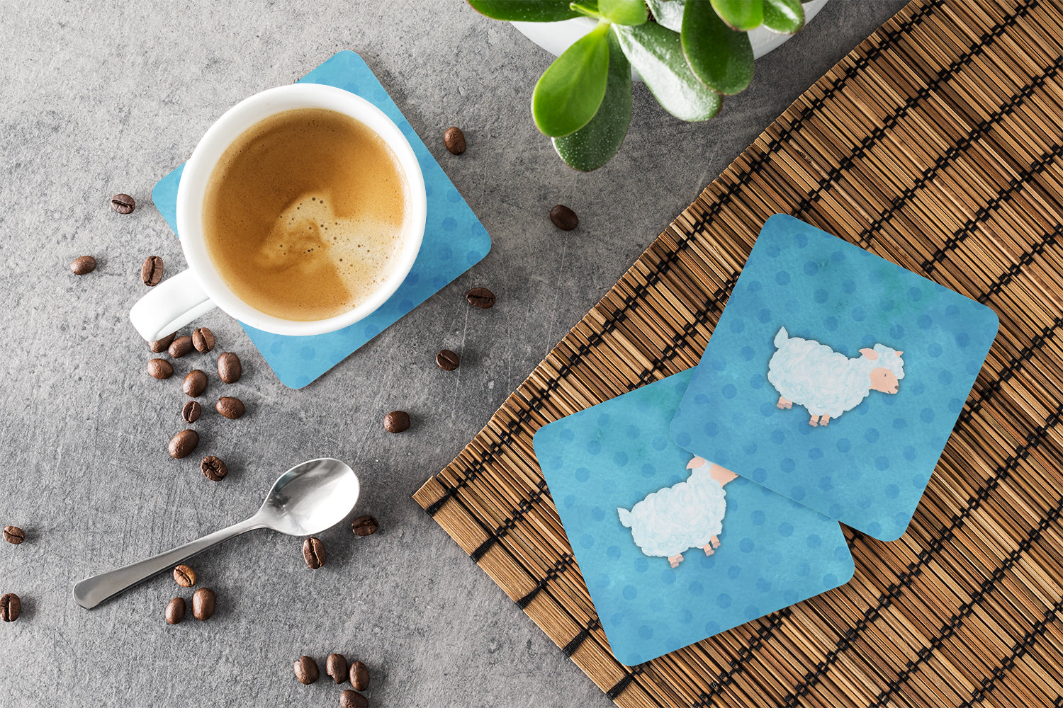 Polkadot Sheep Lamb Watercolor Foam Coasters Set of 4 Cup Coasters for Indoor Outdoor, Tabletop Protection, Anti Slip, Mouse pad Material