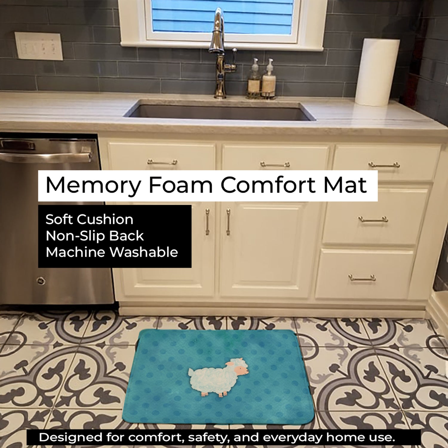 Polkadot Sheep Lamb Watercolor Memory Foam Kitchen Mat Machine Washable Anti-Fatigue Cushion Comfort Bath or Kitchen Rug