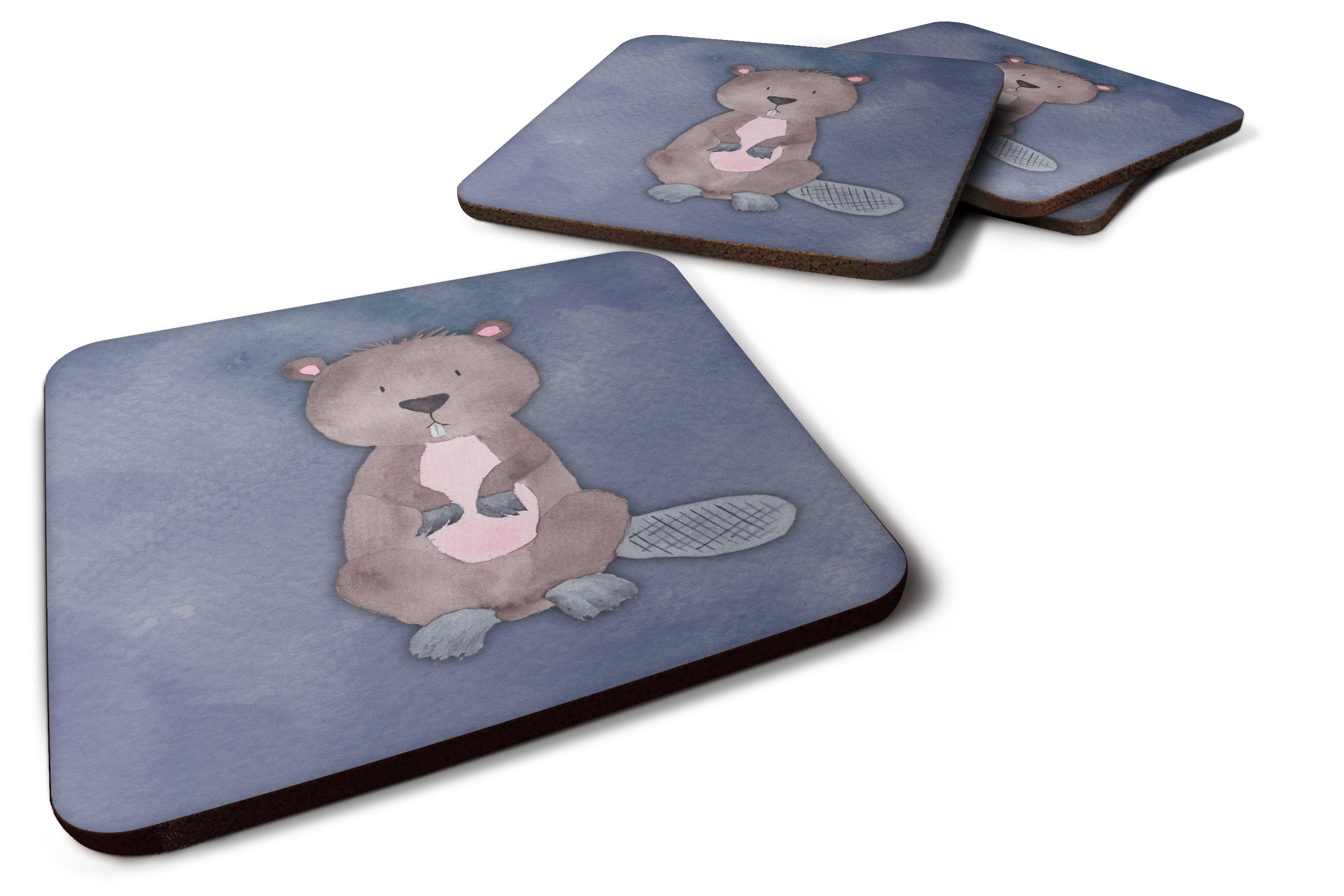 Beaver Watercolor Foam Coasters Set of 4 Cup Coasters for Indoor Outdoor, Tabletop Protection, Anti Slip, Mouse pad Material