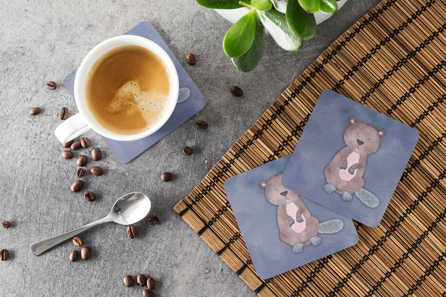 Beaver Watercolor Foam Coasters Set of 4 Cup Coasters for Indoor Outdoor, Tabletop Protection, Anti Slip, Mouse pad Material