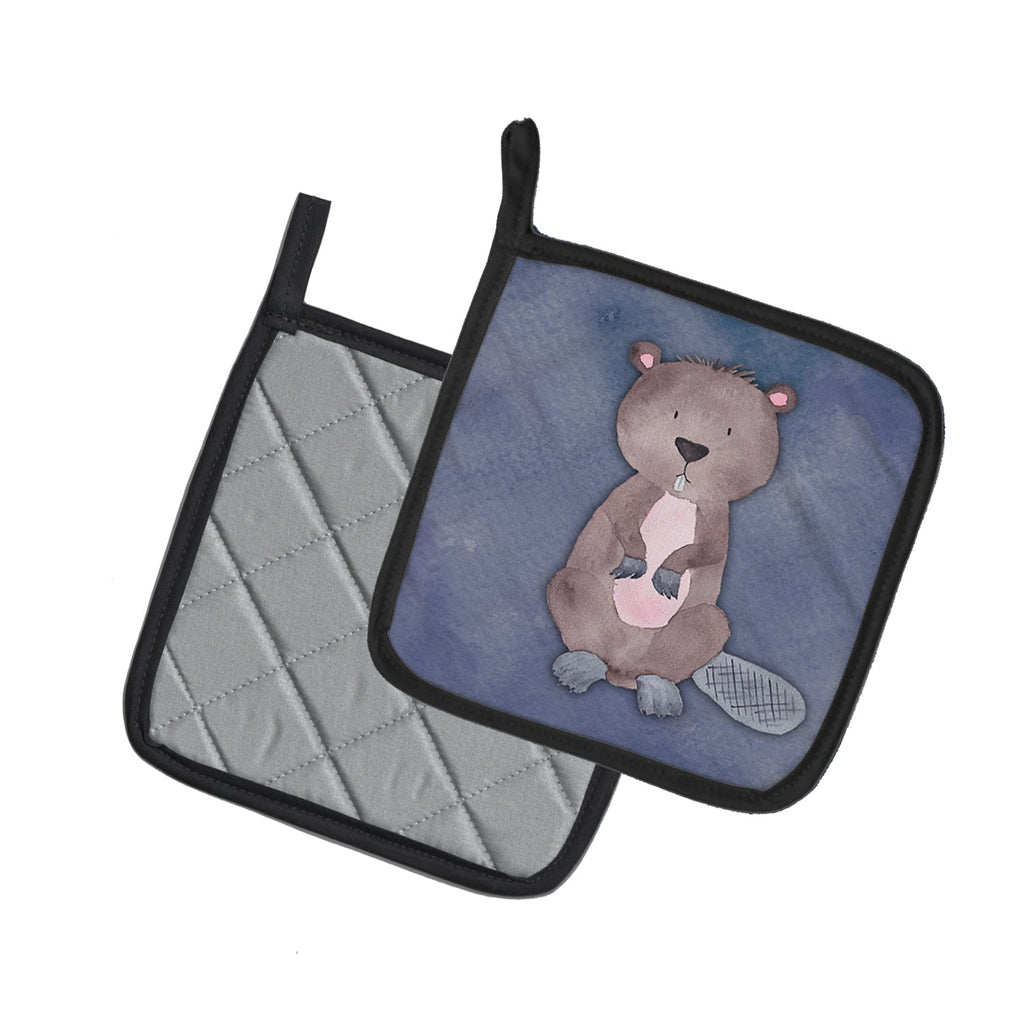 Beaver Watercolor Pot Holder Set of 2 Heat Resistant Quilted Hot Pads 7.5 x 7.5 Inch, Insulated Kitchen Trivets for Cooking & Baking