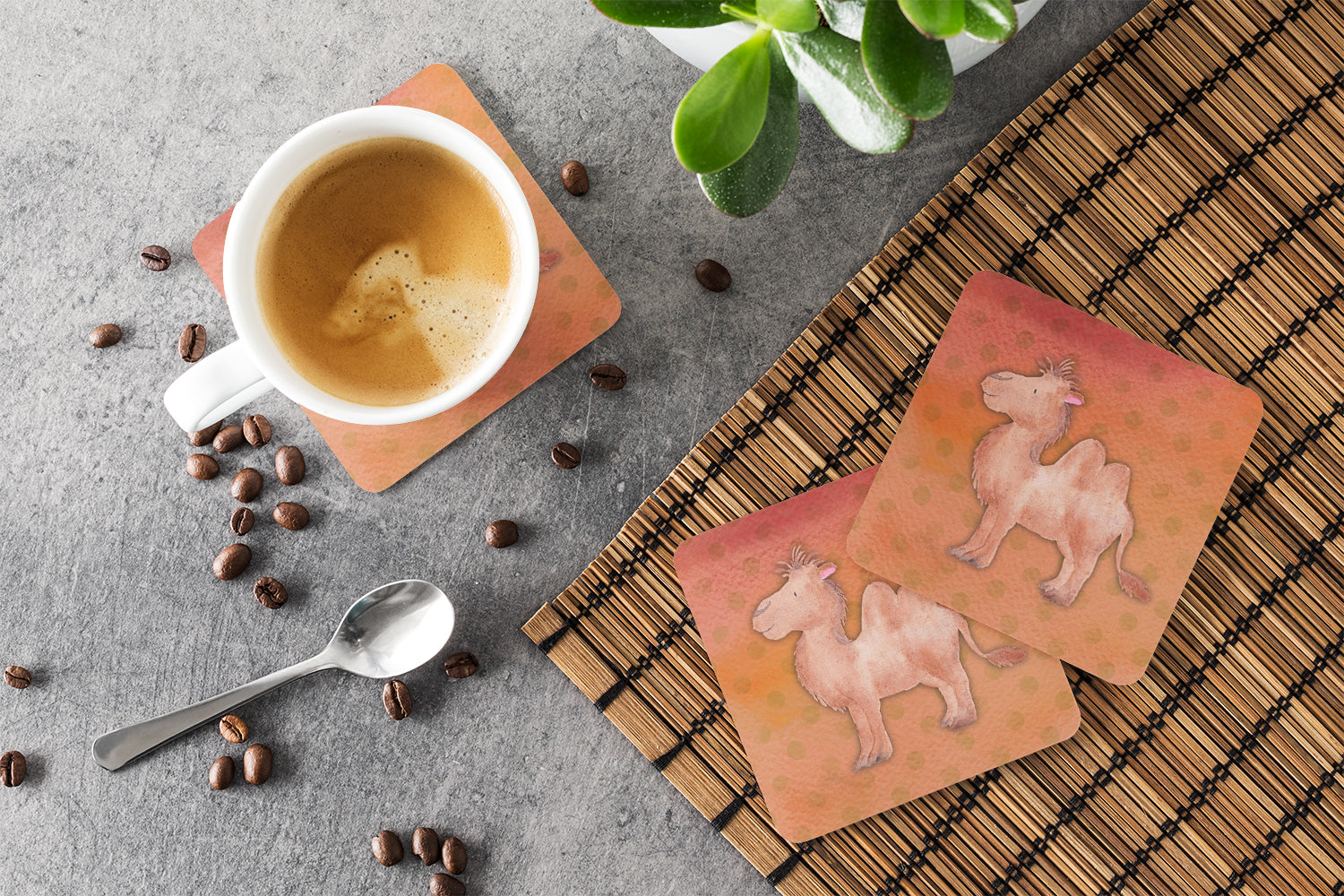 Polkadot Camel Watercolor Foam Coasters Set of 4 Cup Coasters for Indoor Outdoor, Tabletop Protection, Anti Slip, Mouse pad Material