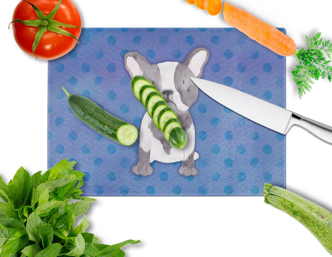 French Bulldog Polkadot Watercolor Cutting Board Tempered Glass Kitchen Cutting Surface, Heat Resistant Chopping, Non-Slip Feet, Food Prep & Serving