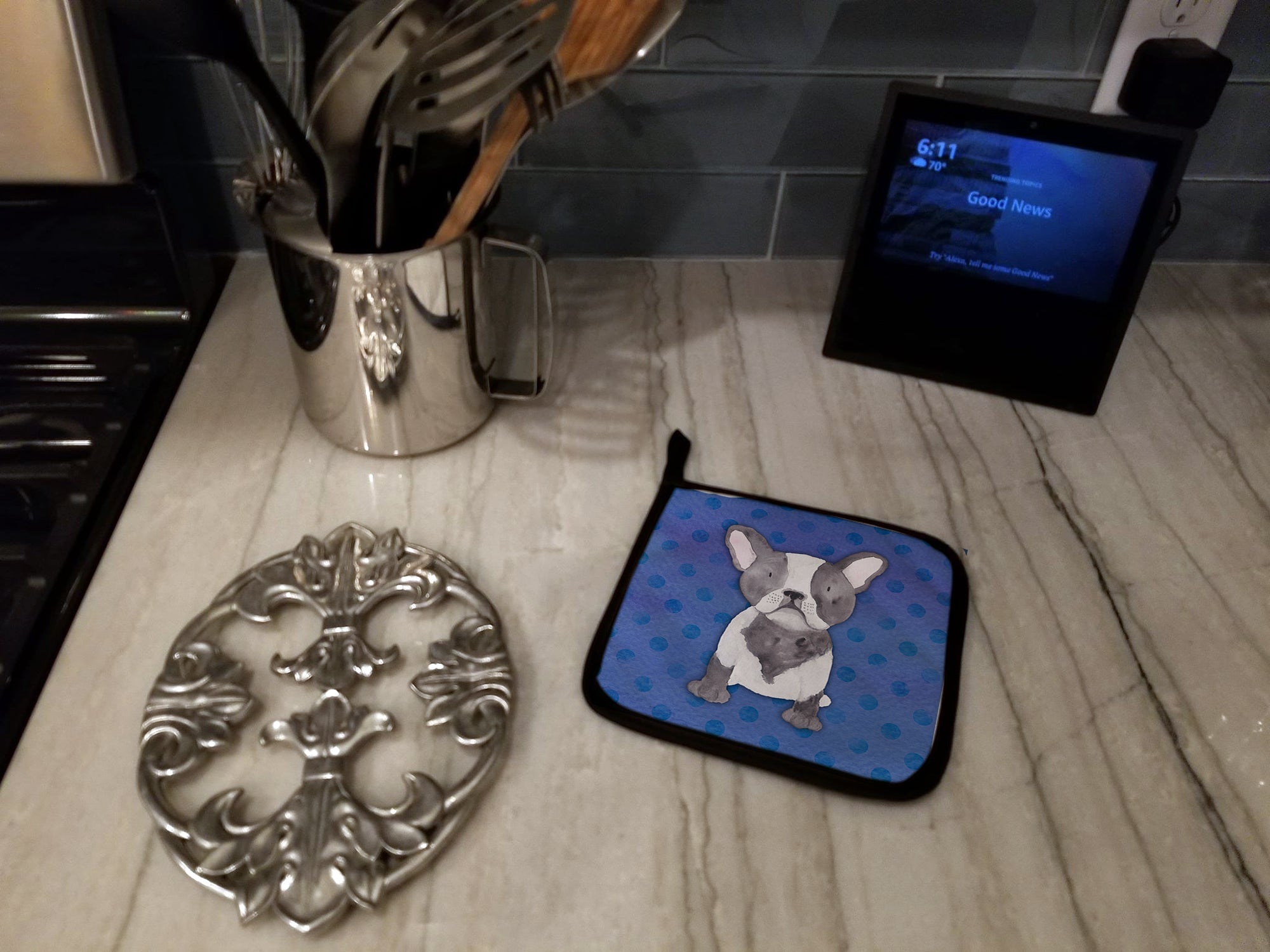 French Bulldog Polkadot Watercolor Pot Holder Set of 2 Heat Resistant Quilted Hot Pads 7.5 x 7.5 Inch, Insulated Kitchen Trivets for Cooking & Baking