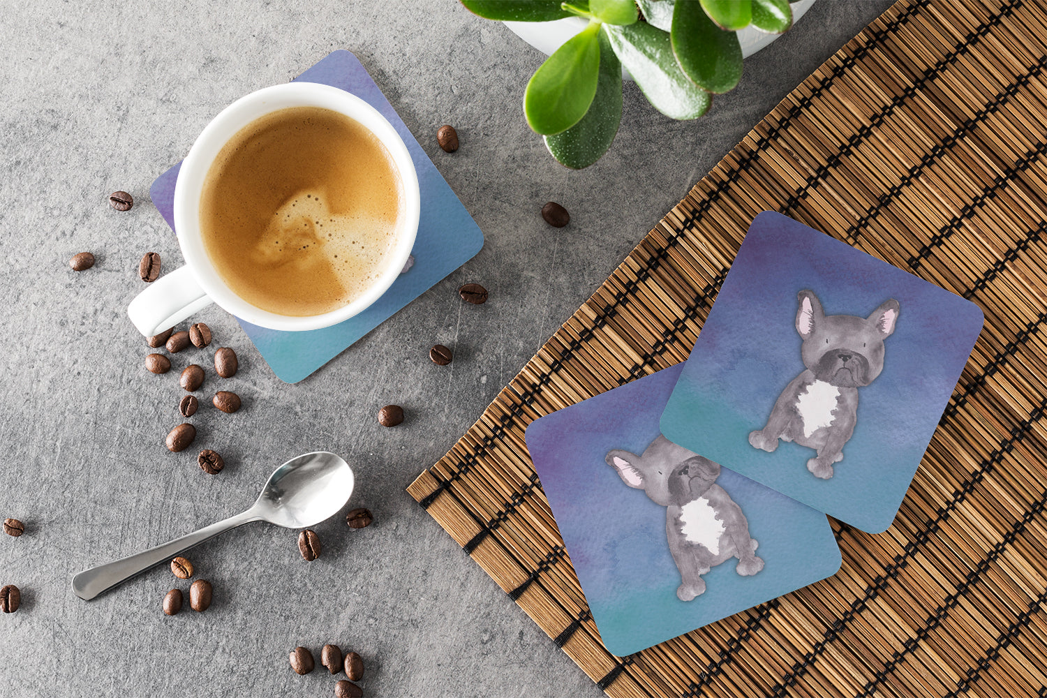 French Bulldog Watercolor Foam Coasters Set of 4 Cup Coasters for Indoor Outdoor, Tabletop Protection, Anti Slip, Mouse pad Material