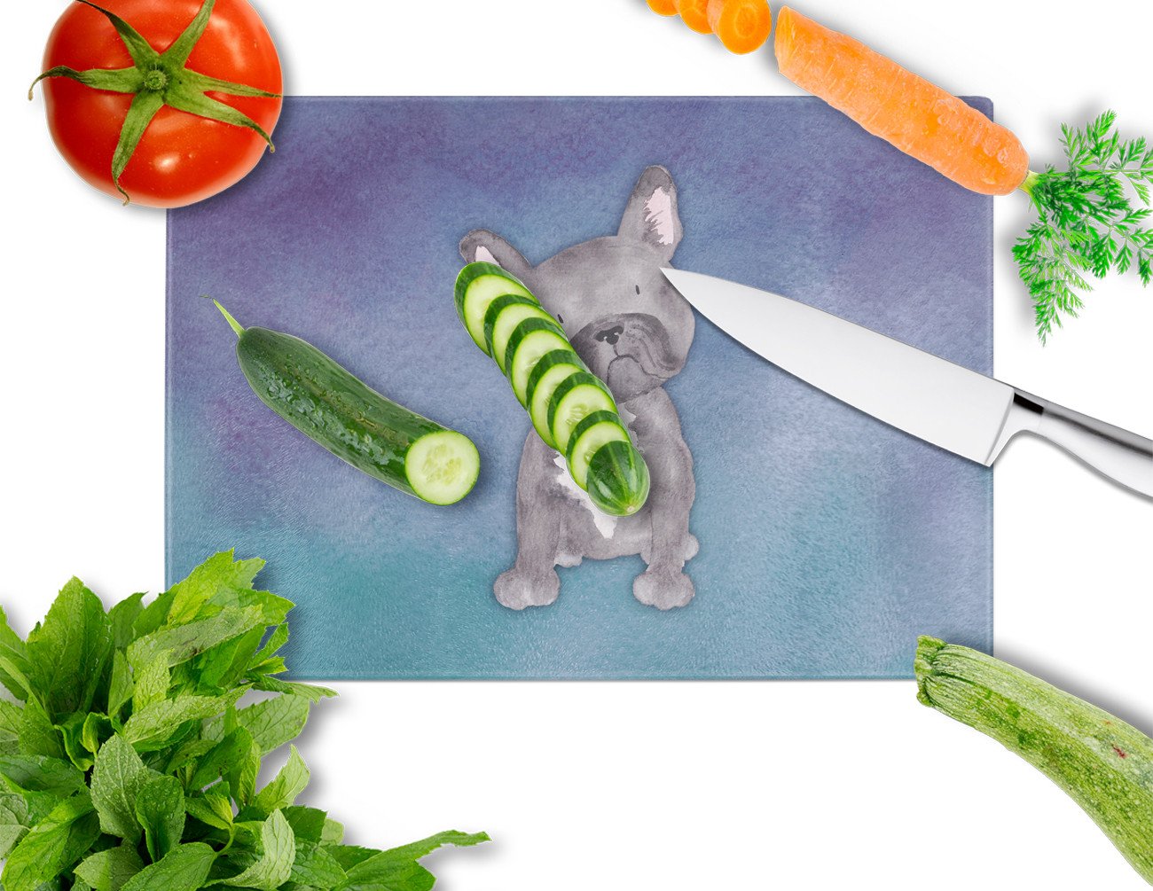 French Bulldog Watercolor Cutting Board Tempered Glass Kitchen Cutting Surface, Heat Resistant Chopping, Non-Slip Feet, Food Prep & Serving