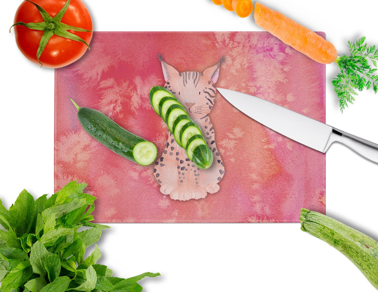 Lynx Watercolor Cutting Board Tempered Glass Kitchen Cutting Surface, Heat Resistant Chopping, Non-Slip Feet, Food Prep & Serving