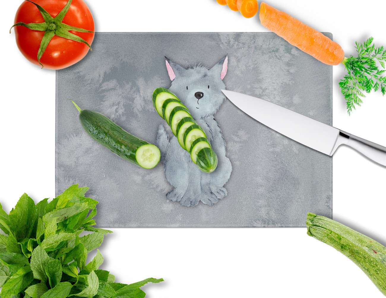 Wolf Watercolor Cutting Board Tempered Glass Kitchen Cutting Surface, Heat Resistant Chopping, Non-Slip Feet, Food Prep & Serving