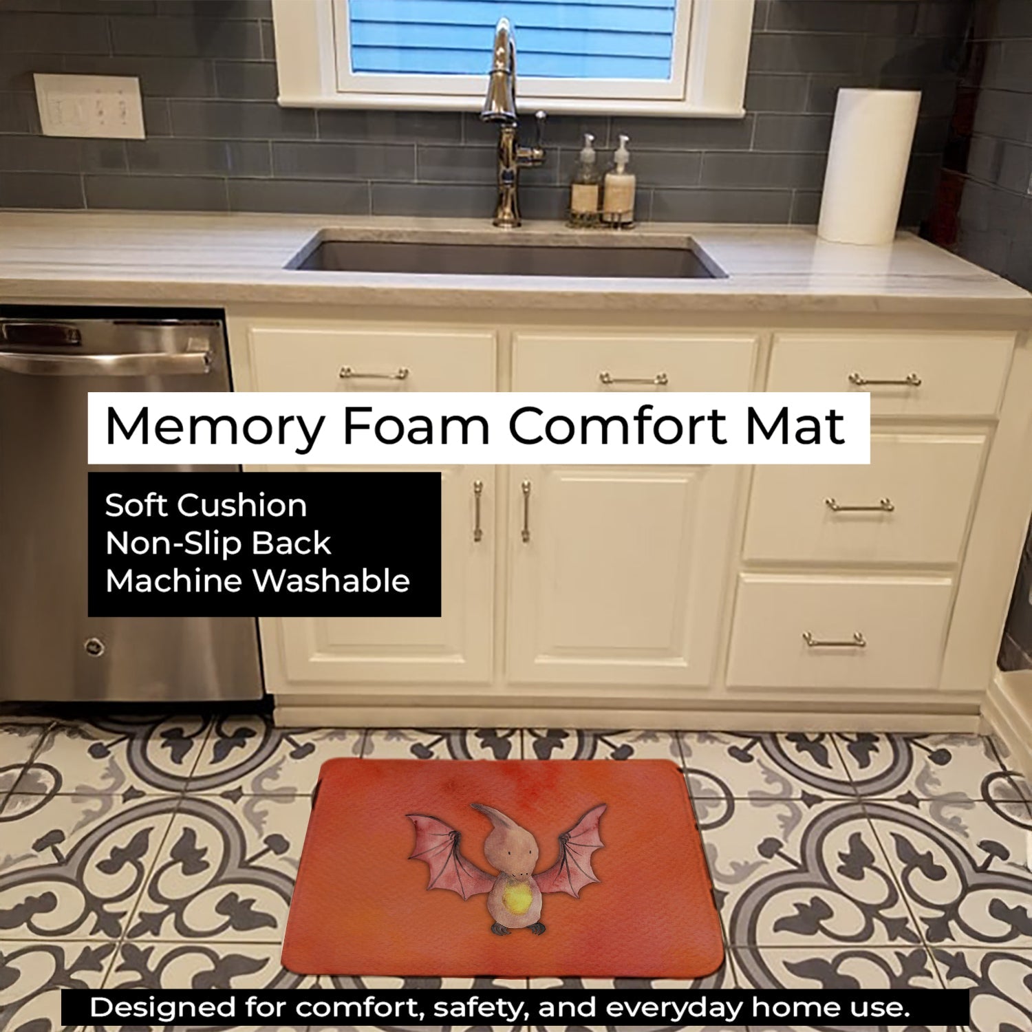Pterodactyl Watercolor Memory Foam Kitchen Mat Machine Washable Anti-Fatigue Cushion Comfort Bath or Kitchen Rug