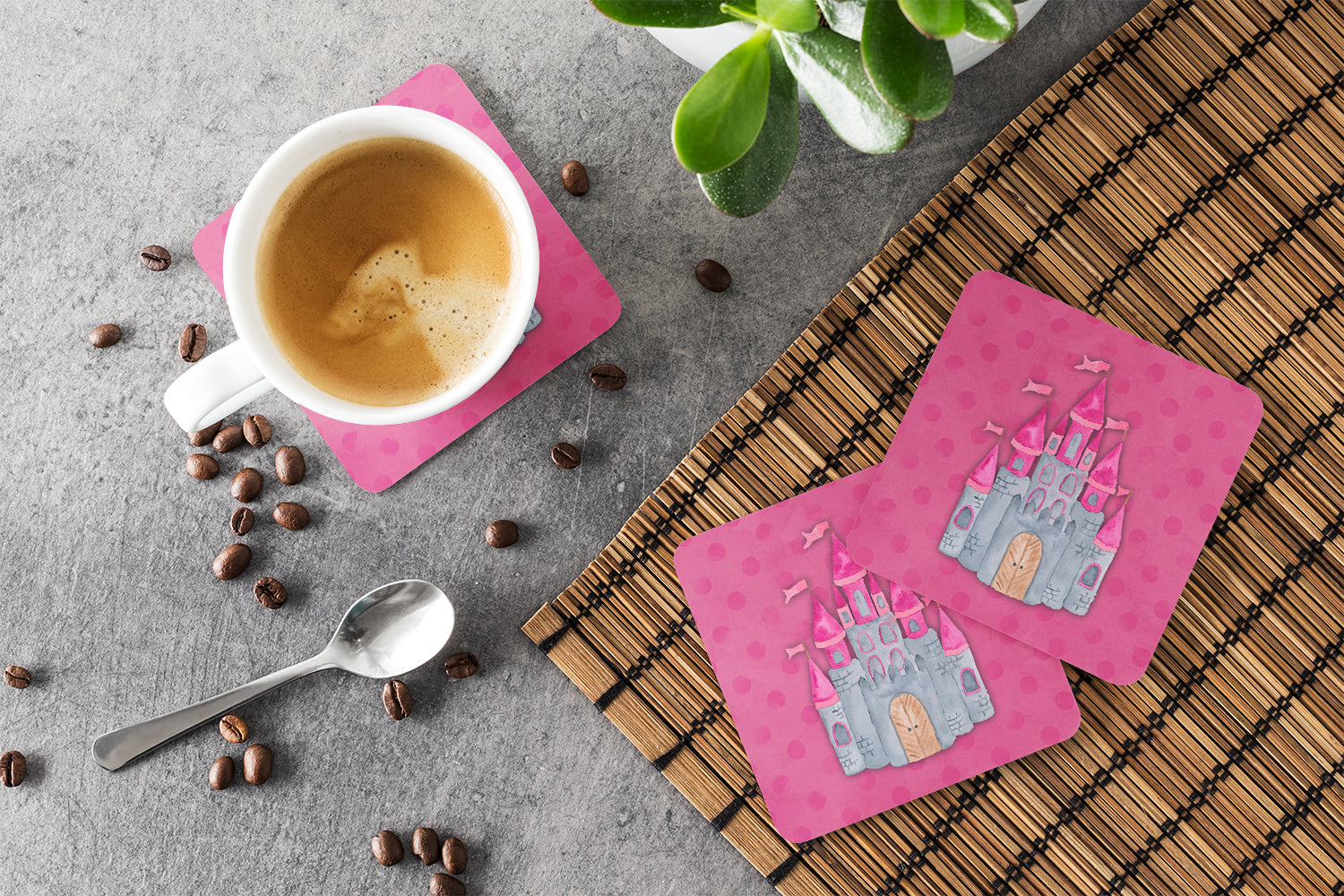 Princess Castle Watercolor Foam Coasters Set of 4 Cup Coasters for Indoor Outdoor, Tabletop Protection, Anti Slip, Mouse pad Material