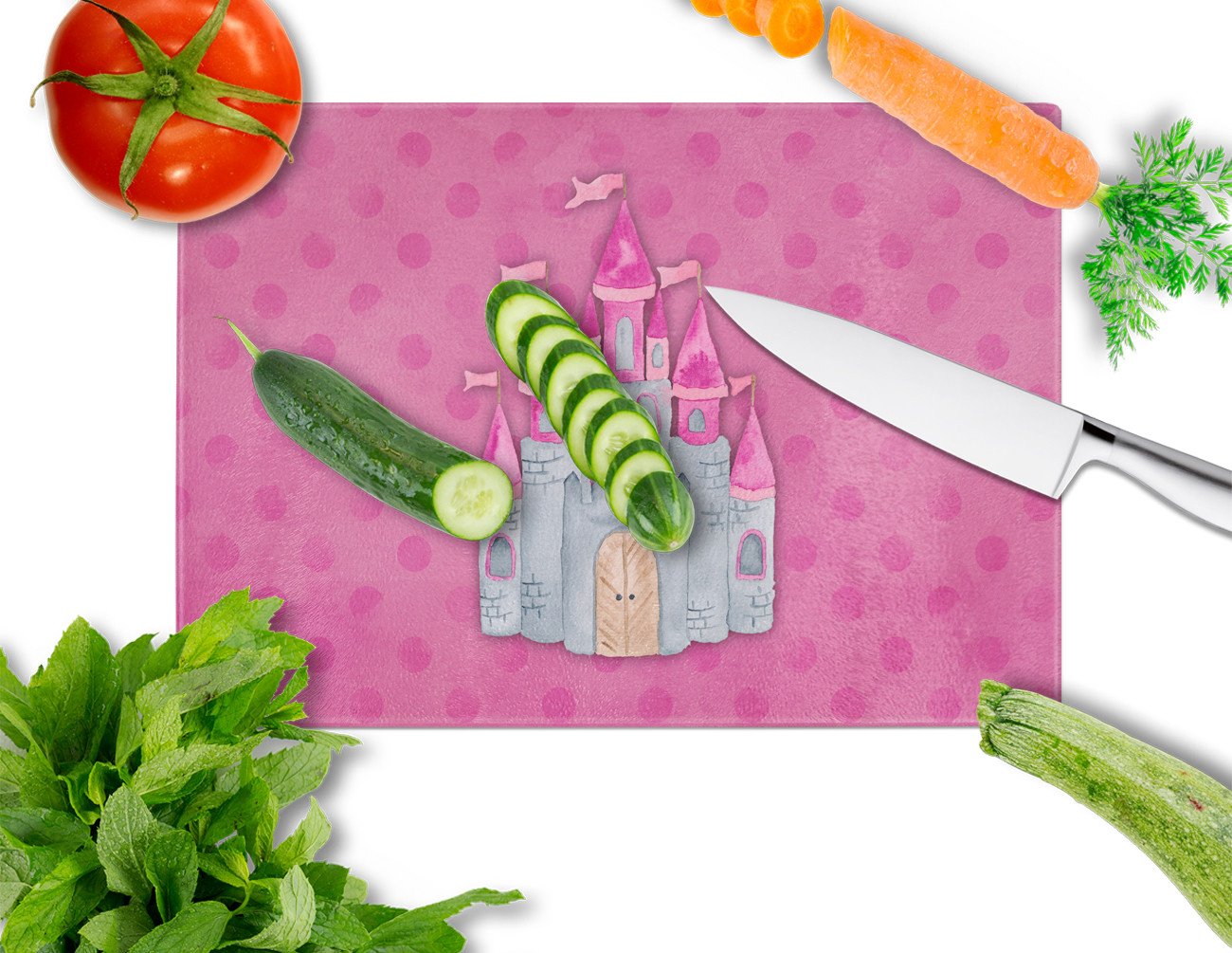 Princess Castle Watercolor Cutting Board Tempered Glass Kitchen Cutting Surface, Heat Resistant Chopping, Non-Slip Feet, Food Prep & Serving