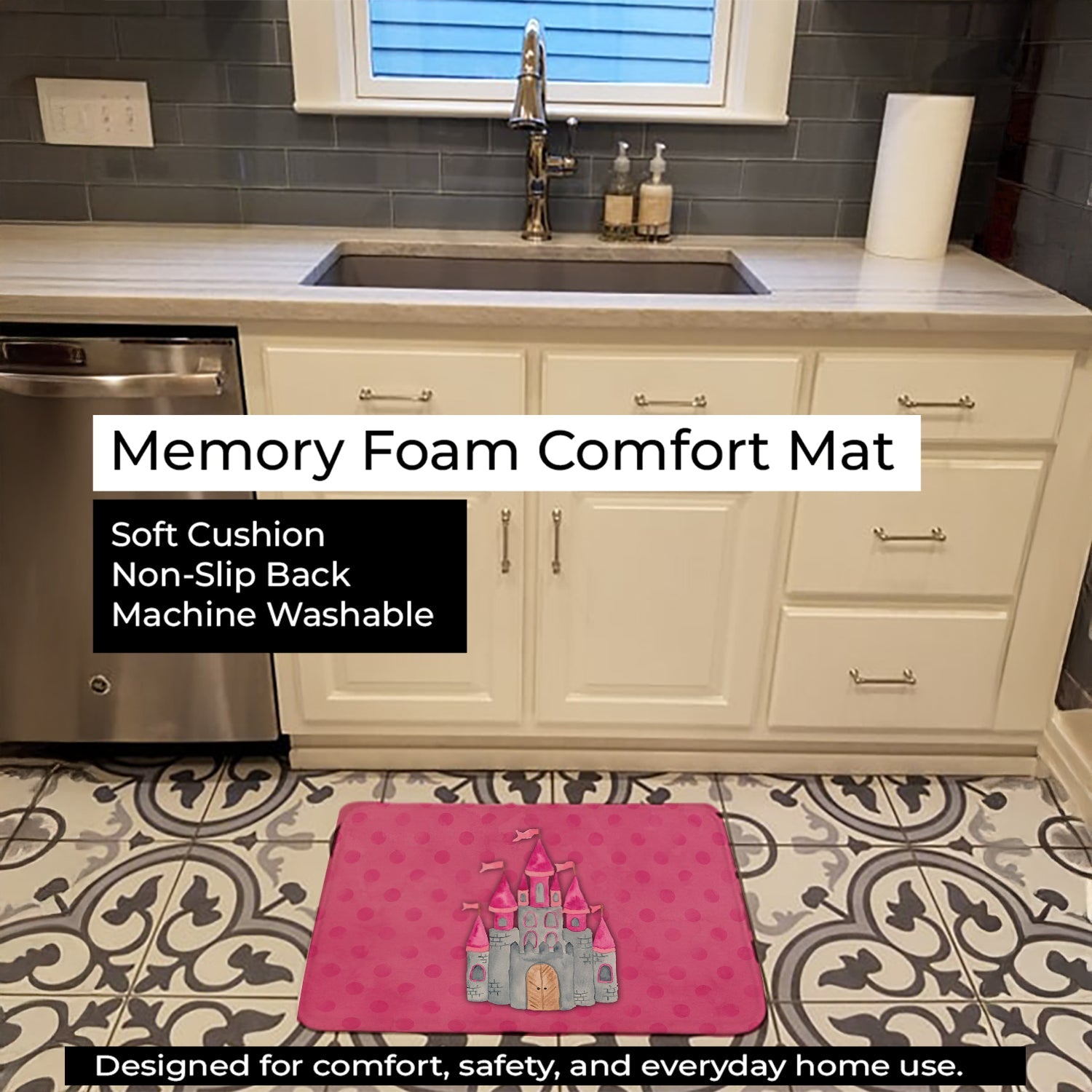 Princess Castle Watercolor Memory Foam Kitchen Mat Machine Washable Anti-Fatigue Cushion Comfort Bath or Kitchen Rug