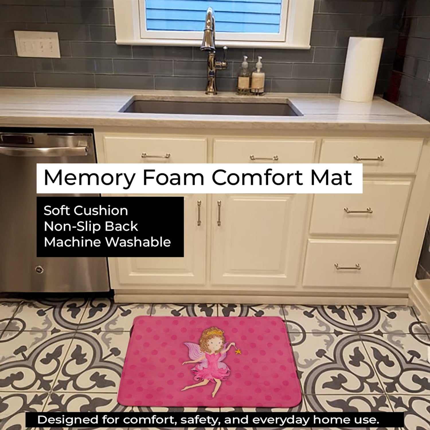 Fairy Princess Watercolor Memory Foam Kitchen Mat Machine Washable Anti-Fatigue Cushion Comfort Bath or Kitchen Rug
