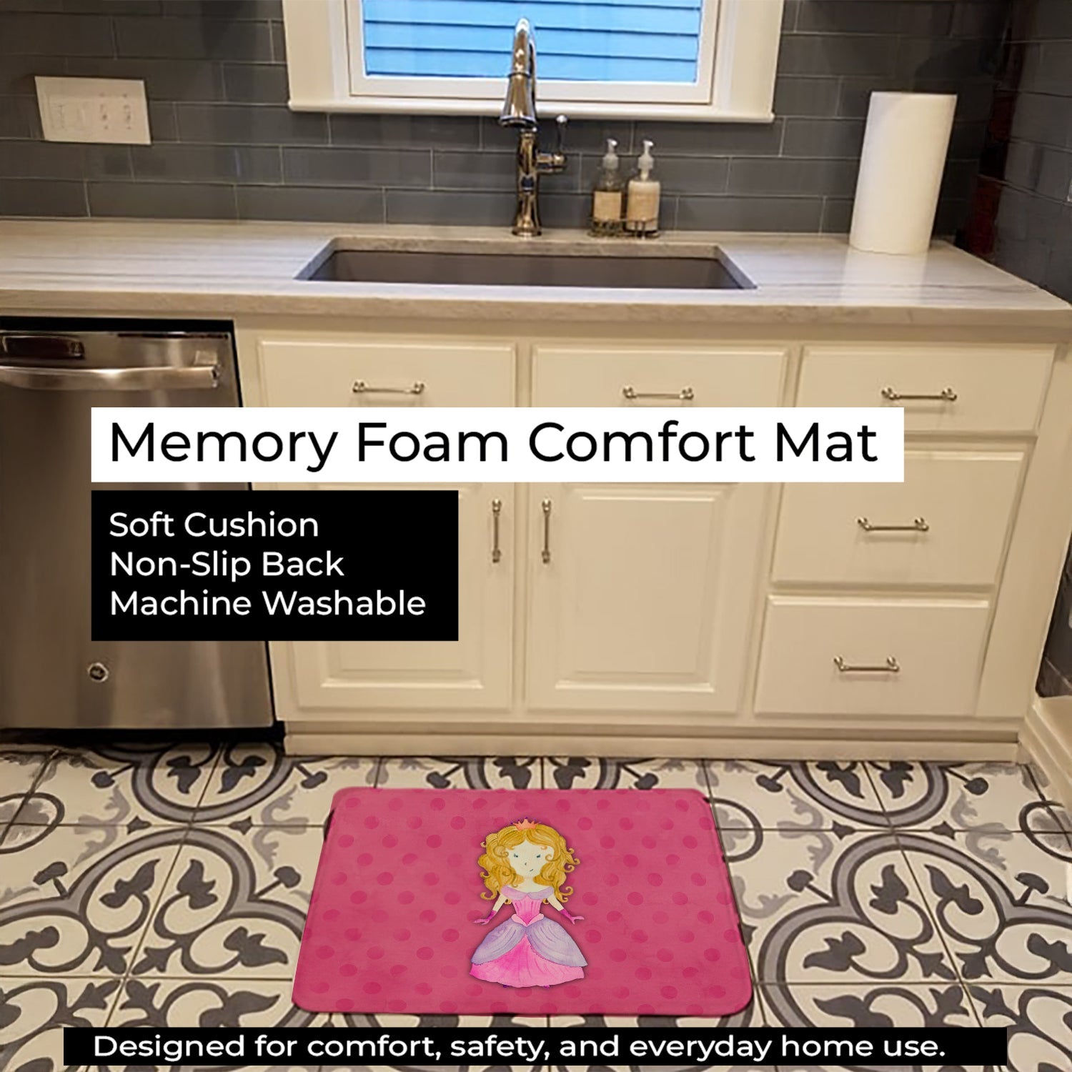 Princess Watercolor Memory Foam Kitchen Mat Machine Washable Anti-Fatigue Cushion Comfort Bath or Kitchen Rug