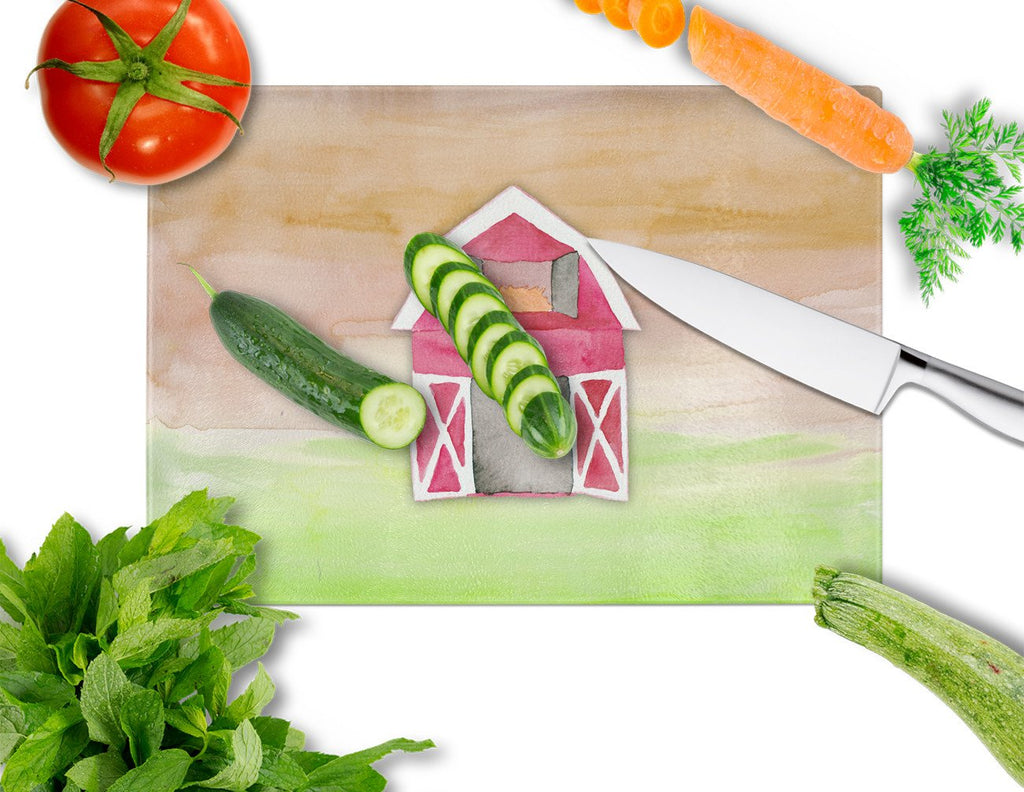 Barn Watercolor Cutting Board Tempered Glass Kitchen Cutting Surface, Heat Resistant Chopping, Non-Slip Feet, Food Prep & Serving