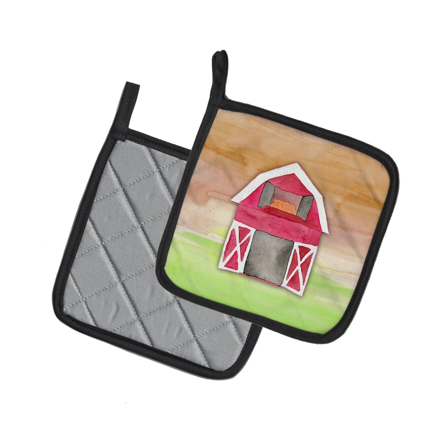 Barn Watercolor Pot Holder Set of 2 Heat Resistant Quilted Hot Pads 7.5 x 7.5 Inch, Insulated Kitchen Trivets for Cooking & Baking