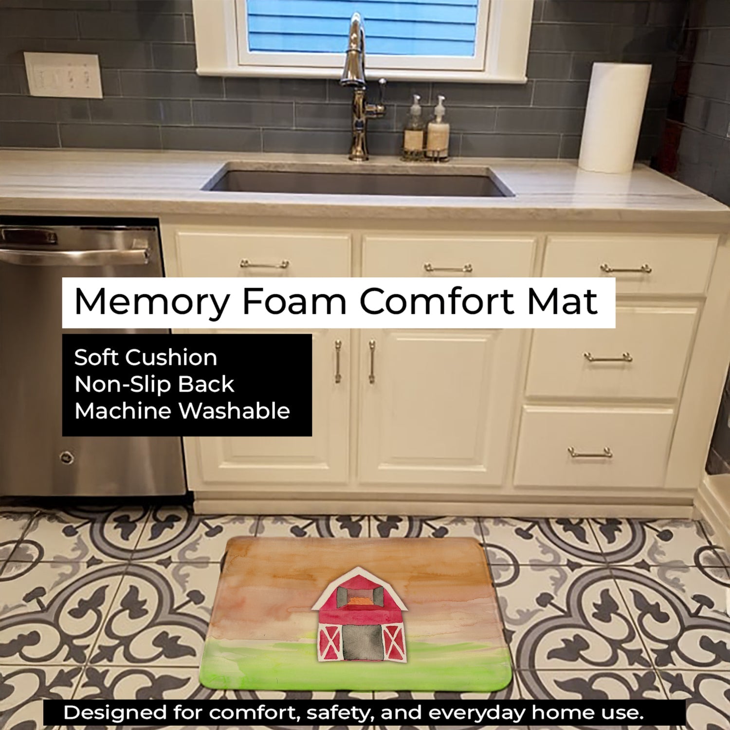 Barn Watercolor Memory Foam Kitchen Mat Machine Washable Anti-Fatigue Cushion Comfort Bath or Kitchen Rug