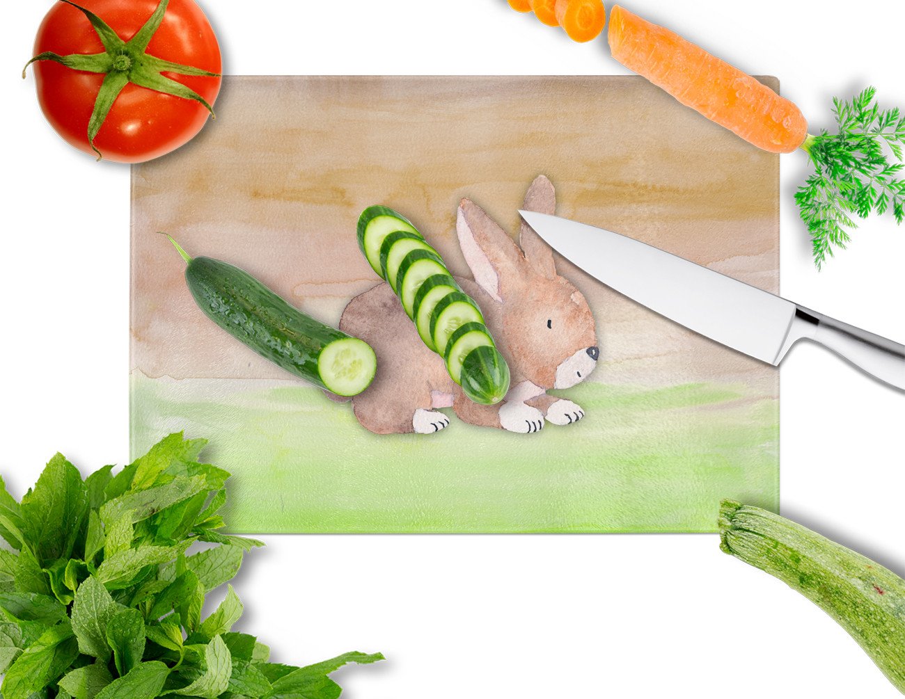 Rabbit Watercolor Cutting Board Tempered Glass Kitchen Cutting Surface, Heat Resistant Chopping, Non-Slip Feet, Food Prep & Serving