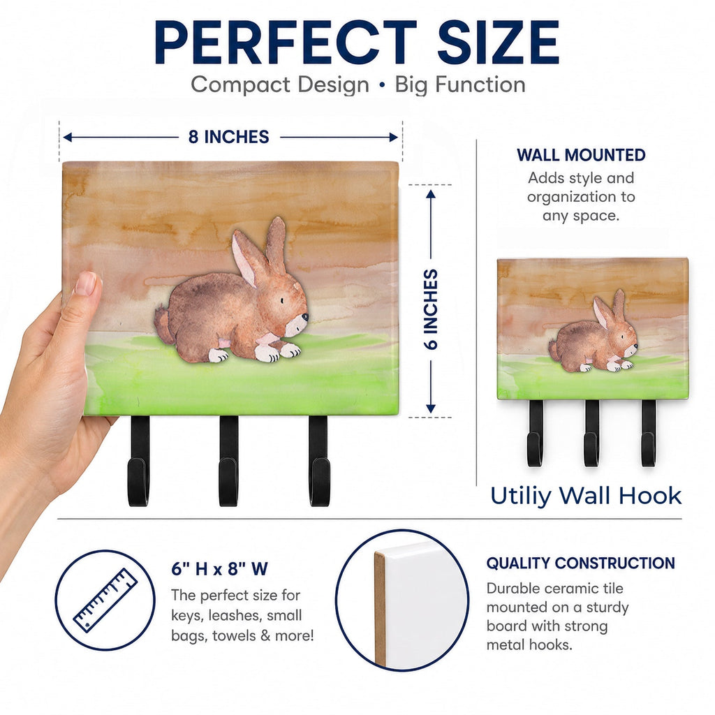 Rabbit Watercolor Leash or Key Holder Wall Hooks, Coat Rack Wall Mount, for Hanging Keys, Towels, Aprons, Leashes