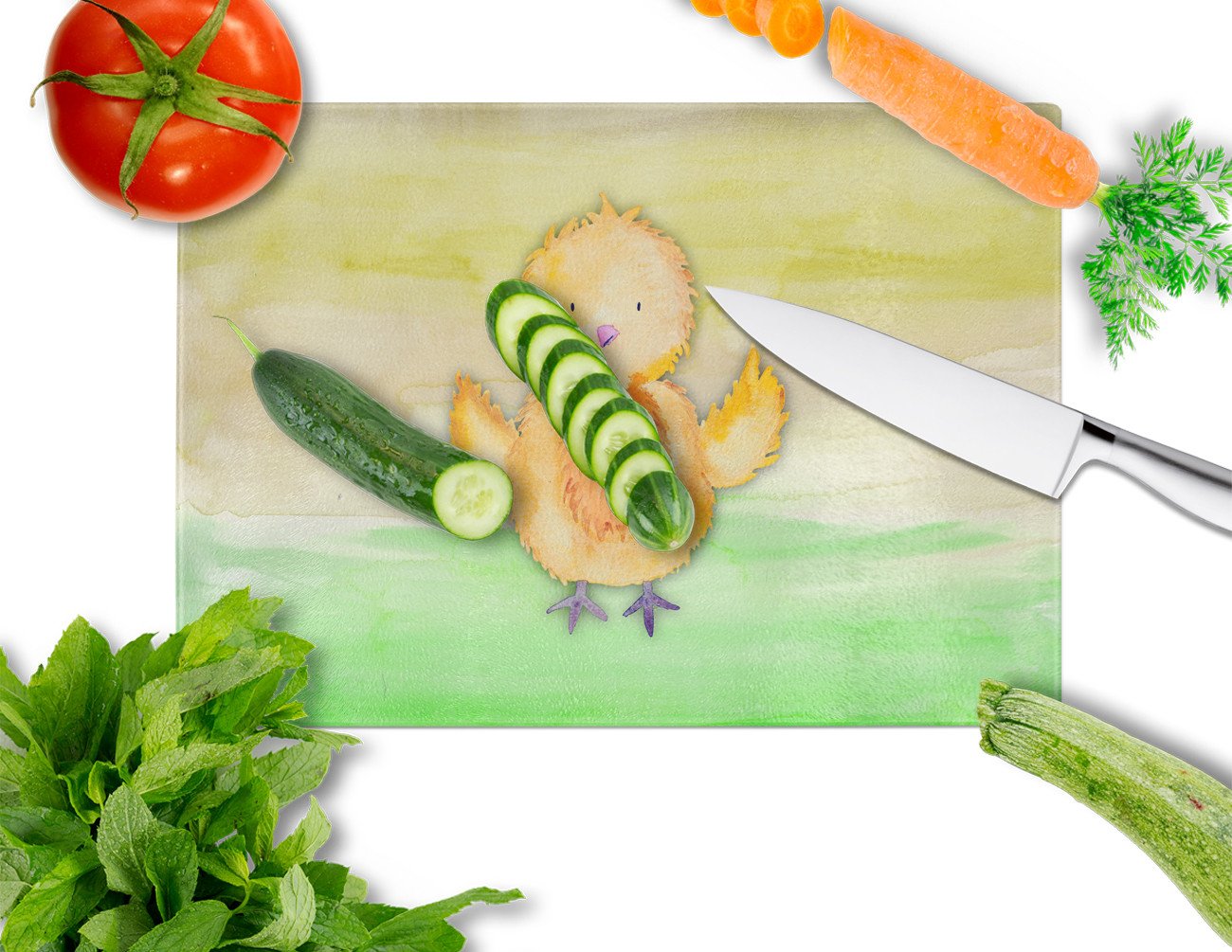 Chicken Watercolor Cutting Board Tempered Glass Kitchen Cutting Surface, Heat Resistant Chopping, Non-Slip Feet, Food Prep & Serving