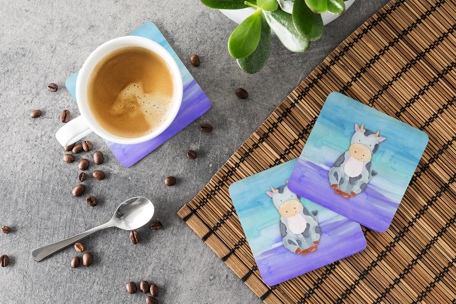 Cow Watercolor Foam Coasters Set of 4 Cup Coasters for Indoor Outdoor, Tabletop Protection, Anti Slip, Mouse pad Material