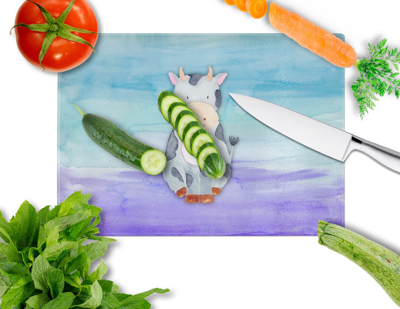 Cow Watercolor Cutting Board Tempered Glass Kitchen Cutting Surface, Heat Resistant Chopping, Non-Slip Feet, Food Prep & Serving