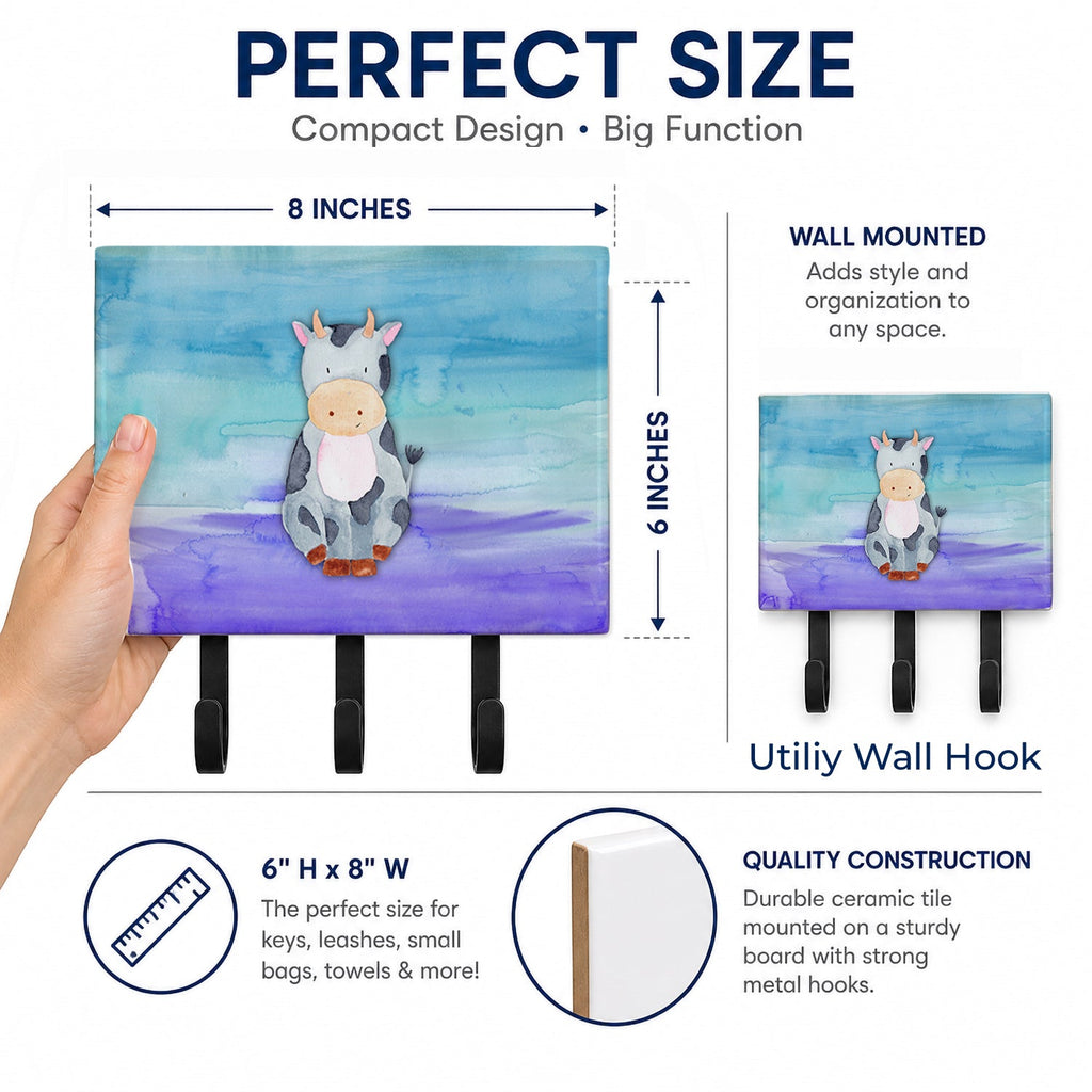 Cow Watercolor Leash or Key Holder Wall Hooks, Coat Rack Wall Mount, for Hanging Keys, Towels, Aprons, Leashes